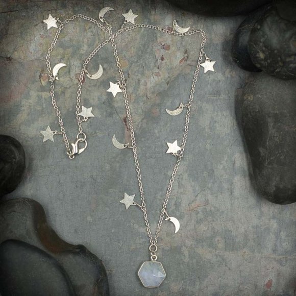 Moonstone Hexagon Pendant on Moon and Star Chain - Picture 2 of 2